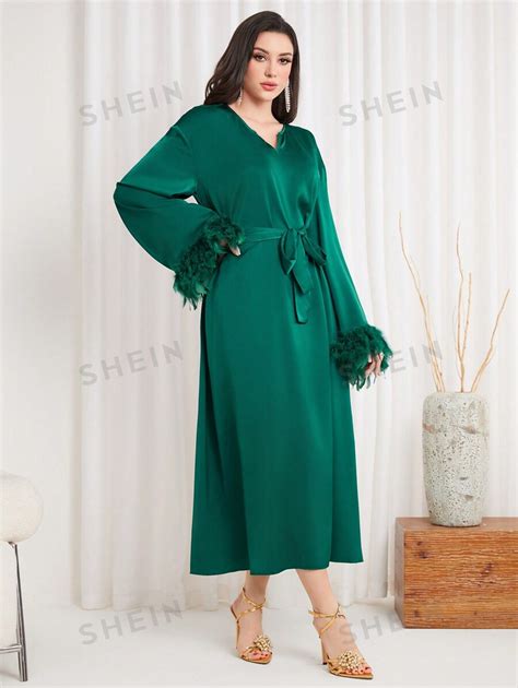 Shein Modely Robe Arabe Manches Vas Es Avec Insert De Plumes Pour