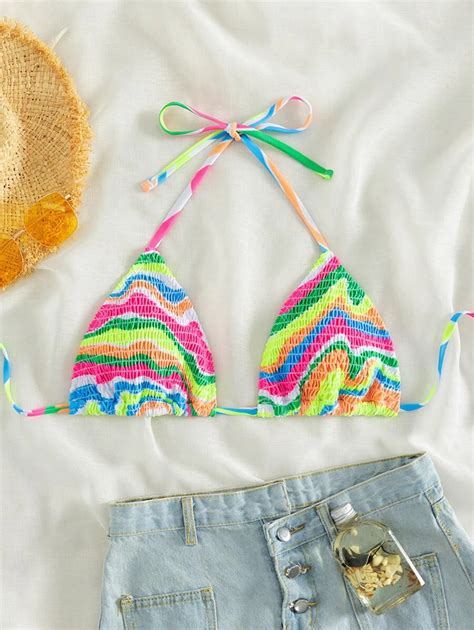 Swim Mod Summer Beach Striped Smocked Halter Triangle Bikini Top SHEIN USA