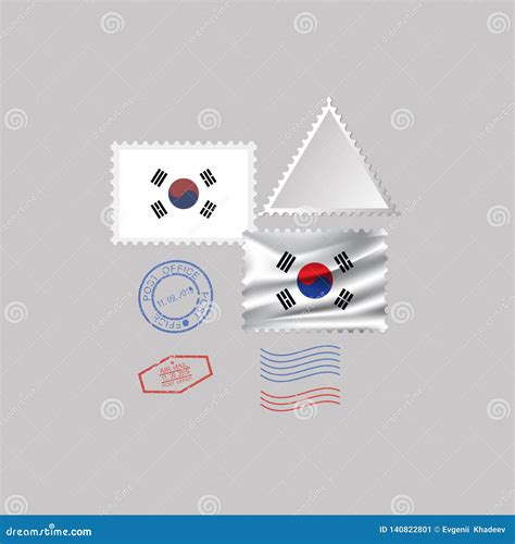 South Korea Flag Postage Stamp Set Isolated On Gray Background Vector Illustration 10 Eps