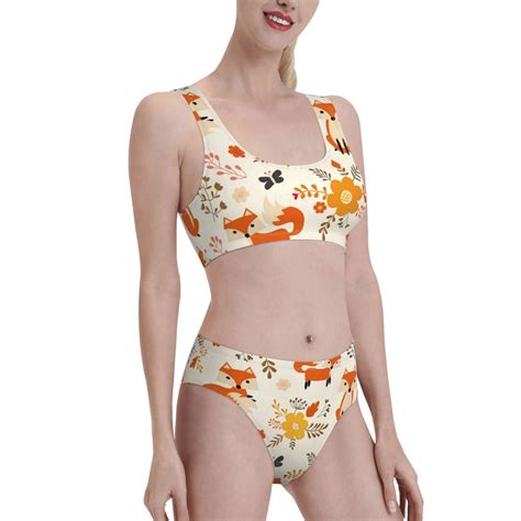 Noikeo Flower Fox Pattern Bikini Set For Women Two Piece Swimsuits Low Rise Bathing Suits