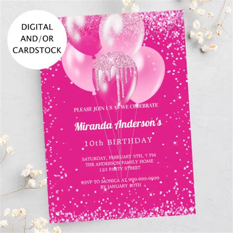 Birthday Party Girl Hot Pink Balloons Confetti Invitation Zazzle