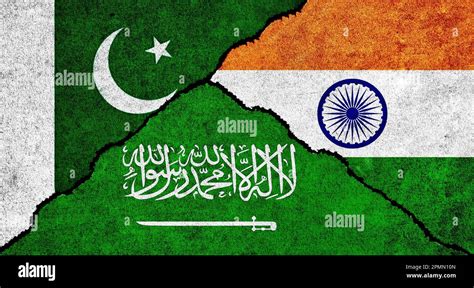 Saudi Arabia, India and Pakistan flag together on a textured background ...