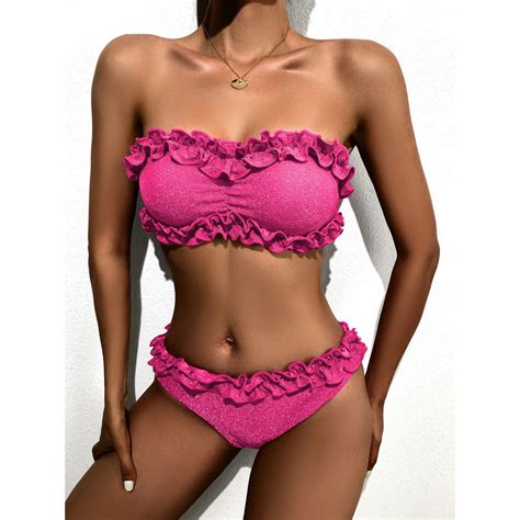 Pink Bandeau Swimwear Metallic Glitter Fabric Bikini Set Ruffle Bikini