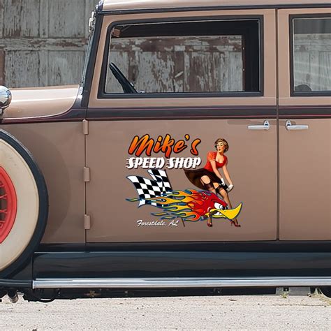 Personalized Hot Rod Pin Up Girl With Racing Flag Speed Shop Sticker Dingmun