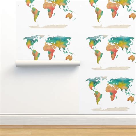 Watercolor World Map Wallpaper | Spoonflower