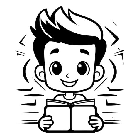 Boy Reading Book Black and White Cartoon Illustration Vector Character ...