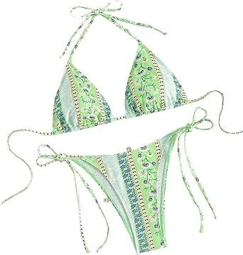 Amazon Wdirara Women S Floral Print Halter Swimsuits String Tie Triangle Bikini Piece