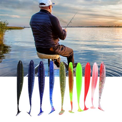 10pcs Soft Faux Worm Baits T Tail Fly Fishing Tackle Silicone Rubber