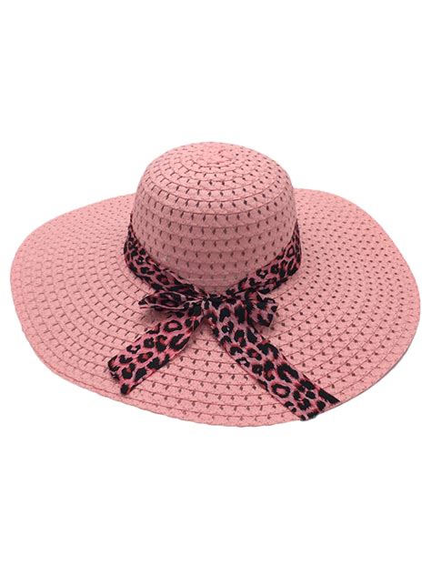 Womens Summer Beach Panama Straw Hat Wide Brim Leopard Bow Floppy Straw