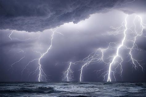 Premium Photo Thunder Storm With Lightening Rages Over Broken Water