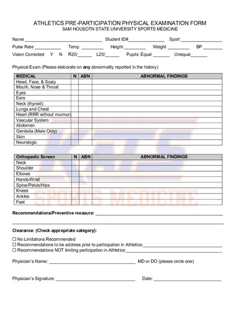 Fillable Online Athletics Pre Participation Physical Examination Form