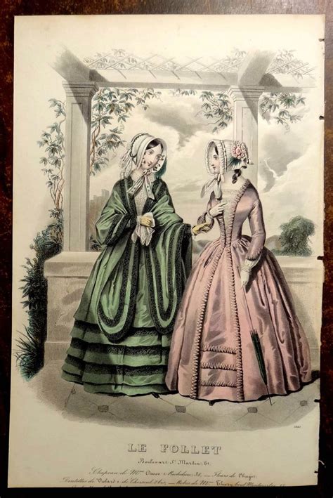 LE FOLLET 1845 Hand Colored Fashion Plate 1243 Green Pink Gowns ORIG