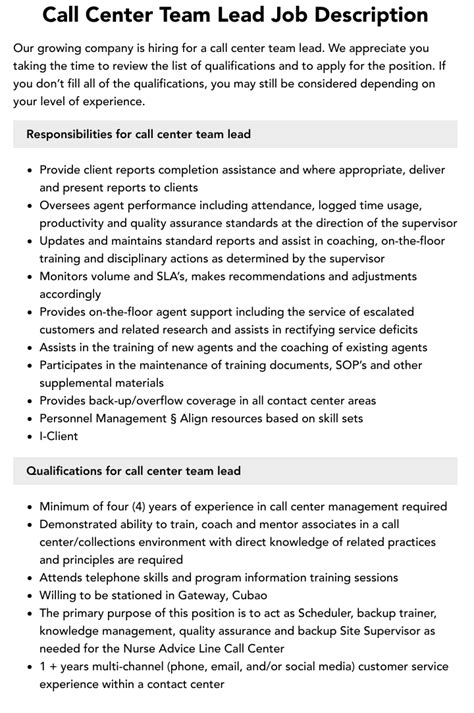 Team Lead Roles And Responsibilities In Call Center