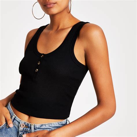 River Island Cotton Button Front Crop Cami Vest In Black Lyst