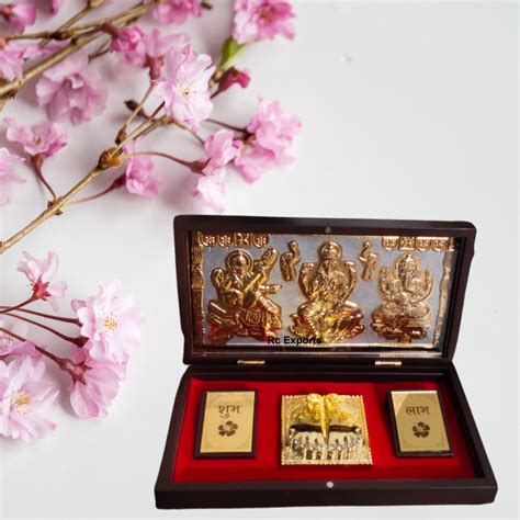 Gold Plated Shri Laxmi Ganesha And Saraswati Ji Charan Paduka Set With