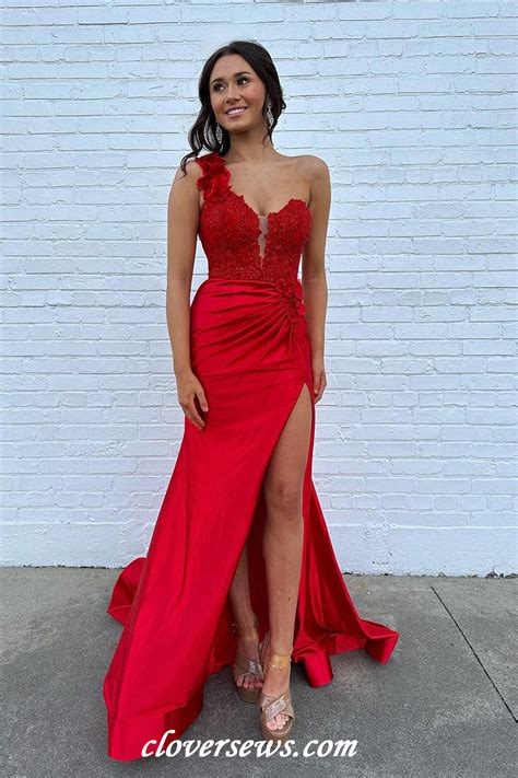 Red Lace Applique 3d Flowers One Shoulder Mermaid With Slit Prom Dress