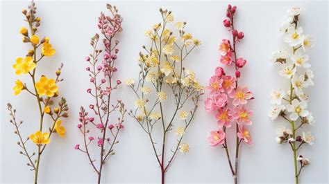 Isolated Set Of Yellow Berberis Thunbergii Pink Chamelaucium And