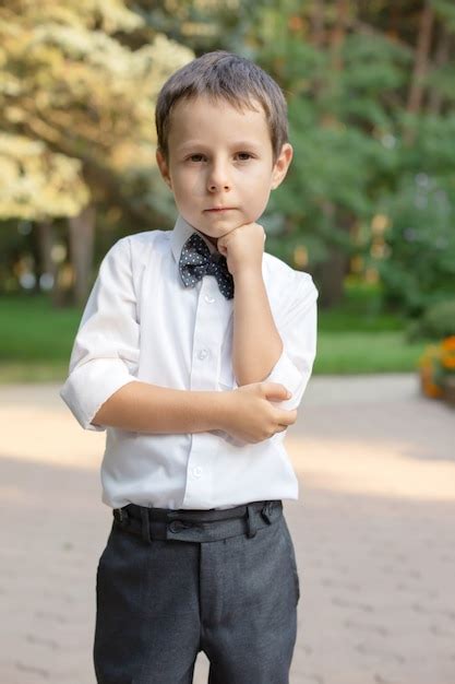 Um lindo menino de escola de camisa branca e calça cinza está parado na