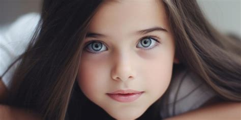 A Girl With Long Brown Hair And Blue Eyes Looks At The Camera