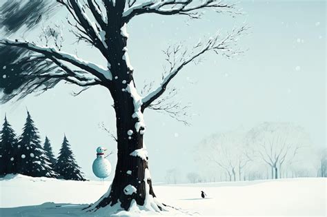 Premium AI Image Park A Snow Covered Tree And Snowman On A Winters