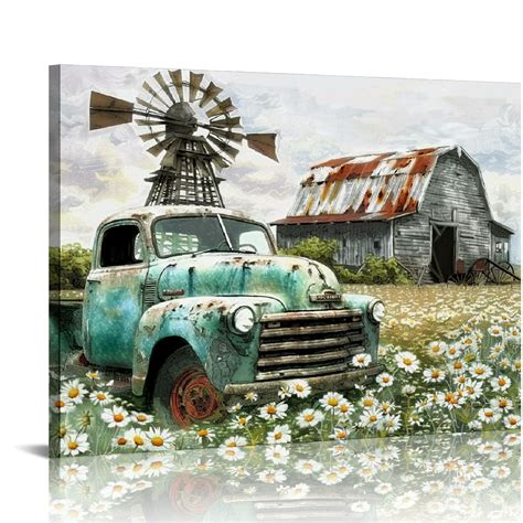 Comio Farmhouse Decor Wall Art Pictures Old Barn Windmill Teal Car