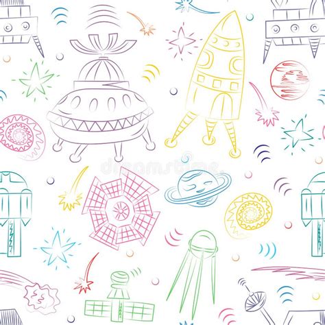 Seamless Pattern Of Colorful Hand Drawn Doodle Spaceships Rockets