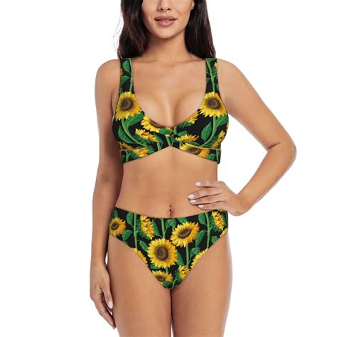 Kdxio Sunflower Print Women S Piece High Waisted Wrap Spaghetti Strap Summer Swimsuit Bikini