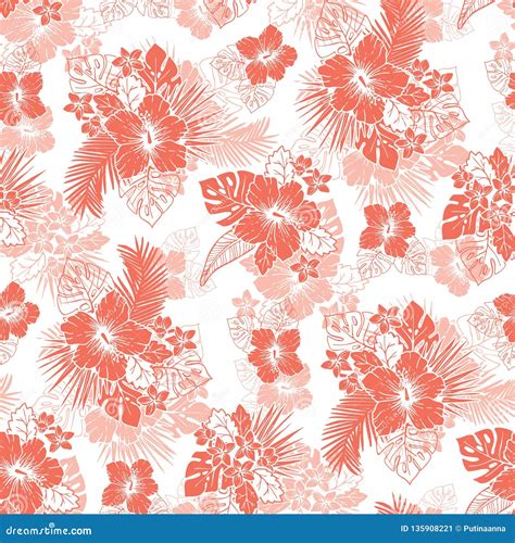 Coral Tropical Exotic Foliage And Hibiscus Floral Vector Seamless Pattern Line Drawing On White