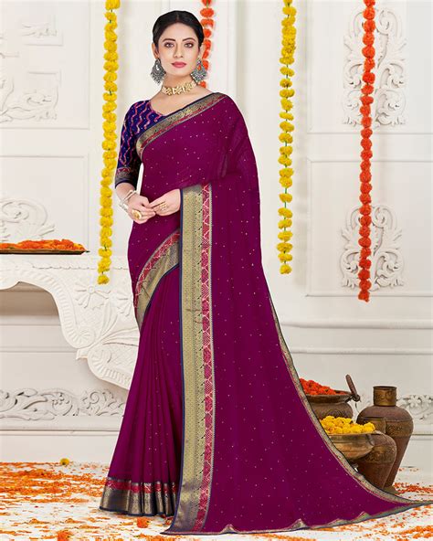 Vishal Prints Wine Chiffon Saree With Diamond Work And Fancy Zari Bord