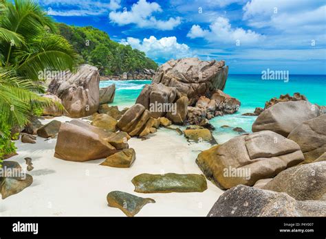 Anse Patates Tropical Beach On Island La Digue Seychelles Stock