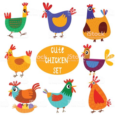 Cute Cartoon Chicken Set Funny Characters Set For Your Design In