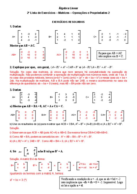 Doc Álgebra Linear 2ª Lista De Exercícios Matrizes Operações E