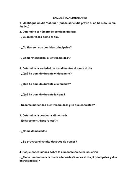 Encuesta Alimentaria Para La Determinaci N Del Estado Nutricional