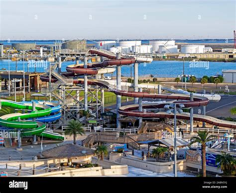 Elevated view of water slides at Hurricane Alley water park in Corpus ...