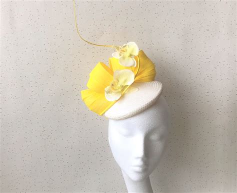 Yellow And White Fascinator Wedding Floral Yellow Abaca Pillbox Lemon