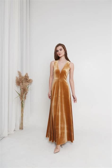 Gold Velvet Dress Bridesmaids V Neck Dress Long Velvet Etsy Uk