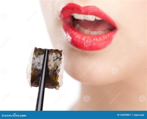 Brunette Woman Holding Sushi Stock Image Image Of Brown Female