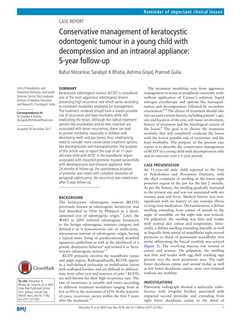 Pdf Conservative Management Of Keratocystic Odontogenic Tumour In A