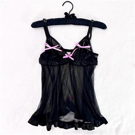 Victorias Secret 2000s Black Pink Sheer Ruffled Babydoll Lingerie Top Flawless Glam Gyaru Piece