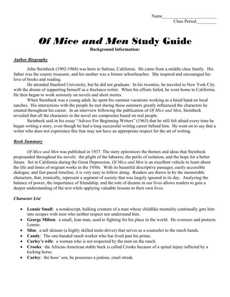 Of Mice And Men Study Guide Questions