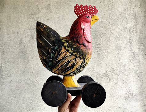 Wooden Rooster Statue On Wheels Chicken Folk Art Primitive Decor