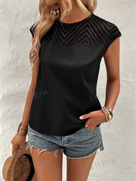 SHEIN LUNE Contrast Mesh Keyhole Back Blouse SHEIN USA