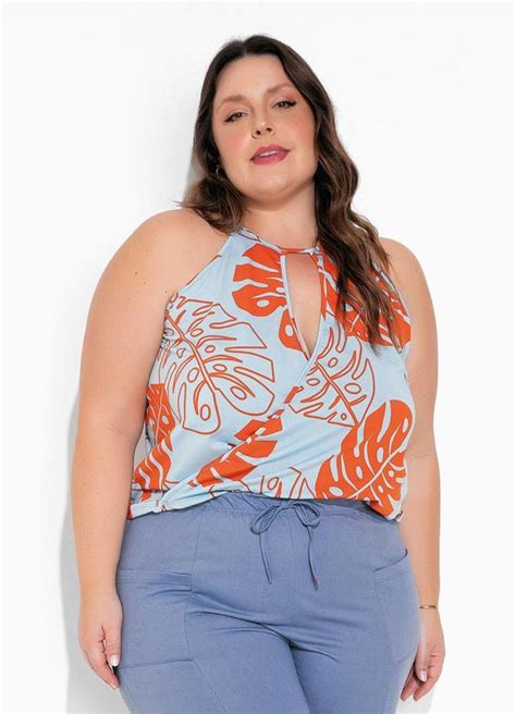 Blusa Folhas Azul Transpassada Plus Size Marguerite