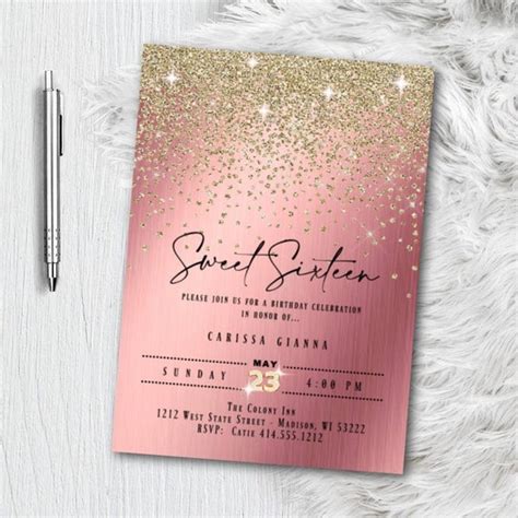 Rose Gold Sweet 16 Invitation Pink And Gold Glitter Confetti Etsy