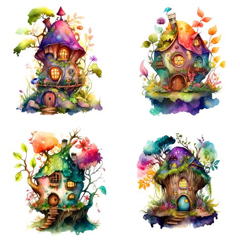 Cute Fairy House Sticker Colorful Watercolor For Keychain Print Free