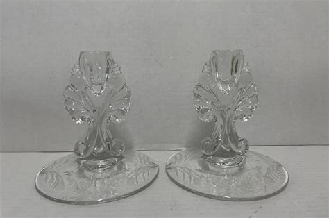 Pair Art Deco Hughes Glass Cornflower Taper Candlestick Holders Floral Etching Ebay