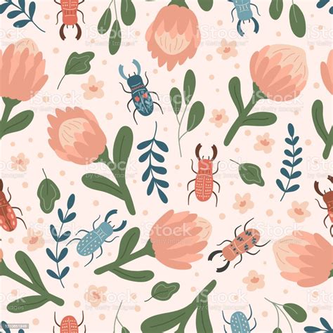 Spring Floral Seamless Pattern With Protea And Stag Beetles Stock