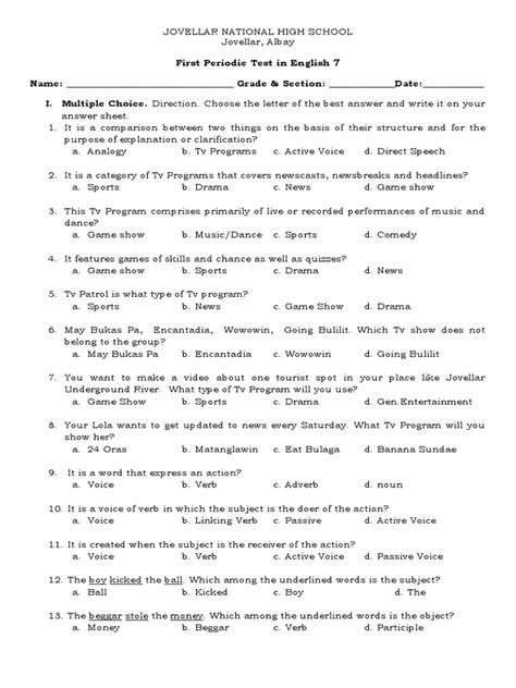 First Periodic Test In English 7 Pdf Subject Grammar Semantic Units