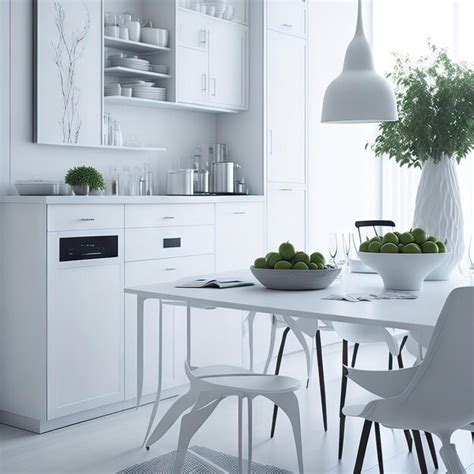 Premium AI Image | A white kitchen with a white table and chairs and a ...