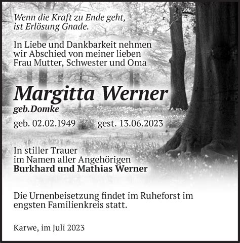 Traueranzeigen Von Margitta Werner M Rkische Onlinezeitung Trauerportal